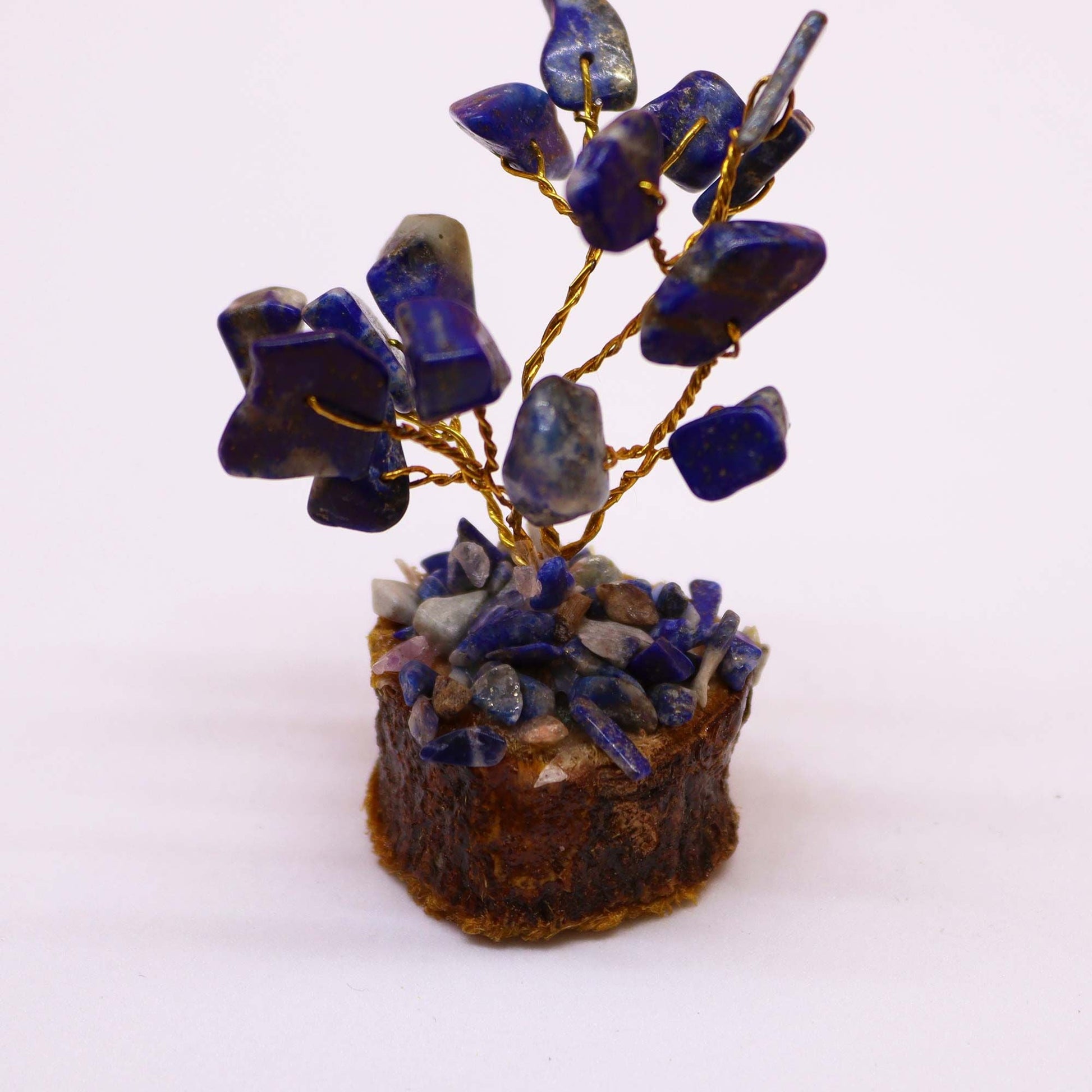 Polished Mini Gemstone Tree On Wood Base Sodalite 15 Stones featuring navy-blue tone with white veining - Positive Faith Hope Love