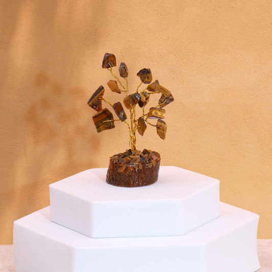 Polished Mini Gemstone Tree On Wood Base - Tigereye (15 stones) featuring natural patterning and unique variations - Positive Faith Hope Love