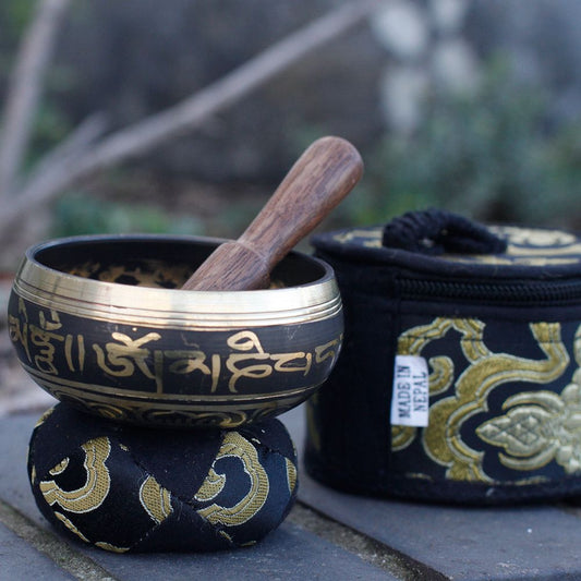 Polished Mini Singing Bowl Gift Set - Black featuring natural patterning and unique variations - Positive Faith Hope Love