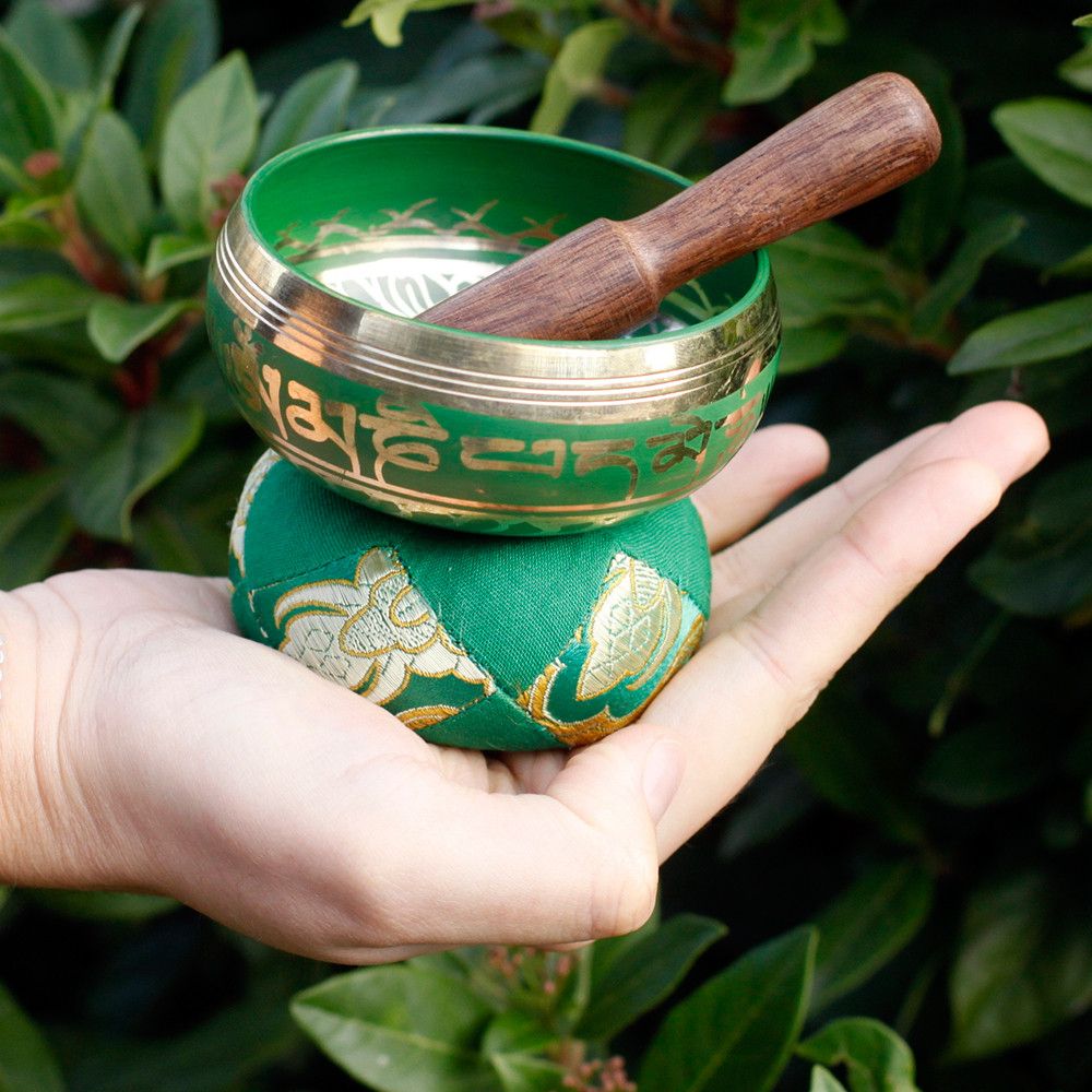 Polished Mini Singing Bowl Gift Set Green featuring natural patterning and unique variations - Positive Faith Hope Love