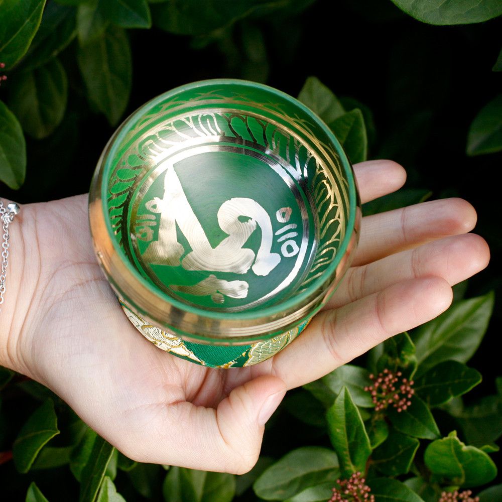 Polished Mini Singing Bowl Gift Set Green featuring natural patterning and unique variations - Positive Faith Hope Love