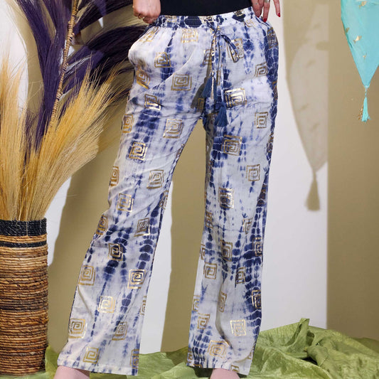 Polished (ML) Nomad Sari On the Med Collection - Lounge Pants - Gold & Blue Greek Motiff - Handpainted featuring natural patterning - Positive Faith Hope Love