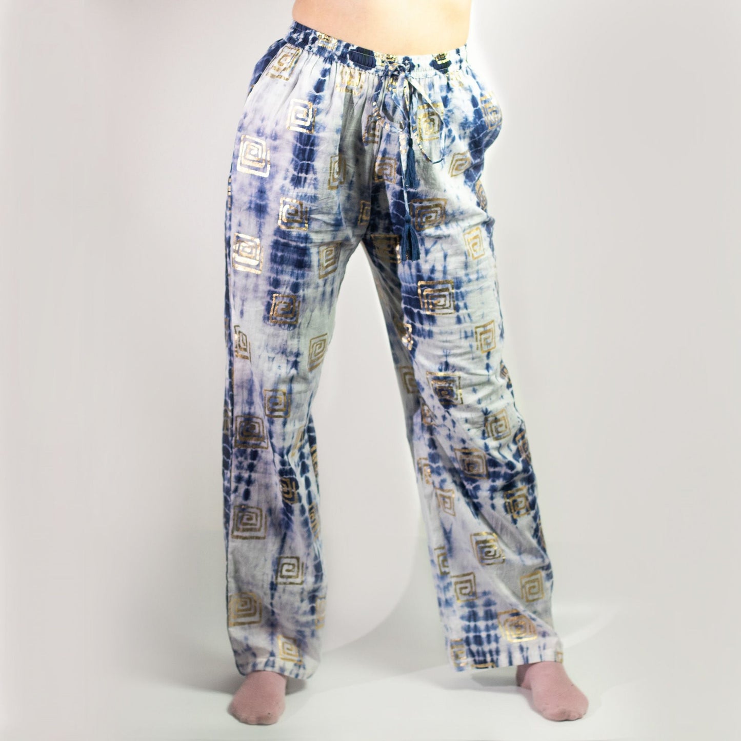 Polished Ml Nomad Sari On The Med Collection Lounge Pants Gold Blue Greek Motiff Handpainted featuring natural patterning and unique variations - Positive Faith Hope Love