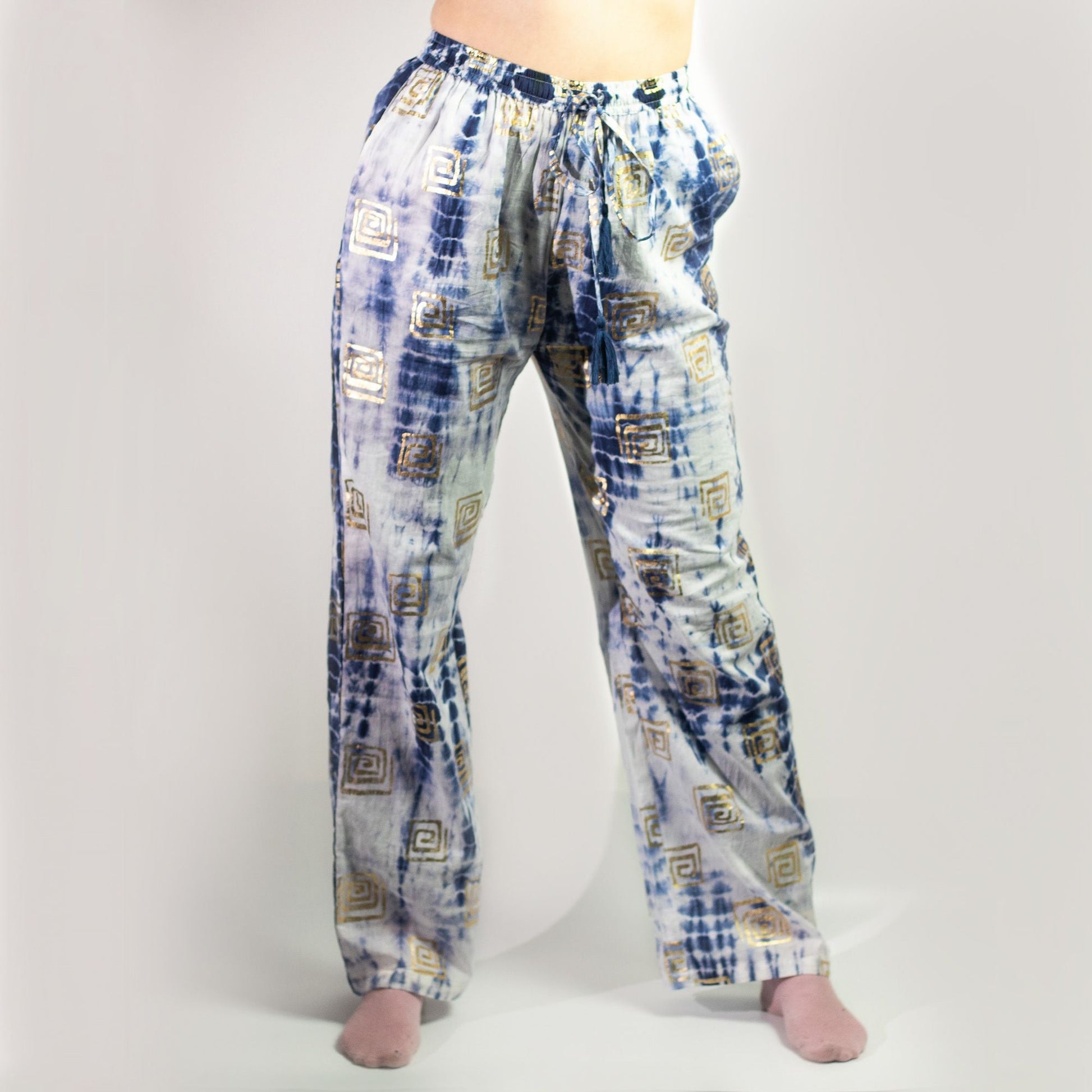 Polished Ml Nomad Sari On The Med Collection Lounge Pants Gold Blue Greek Motiff Handpainted featuring natural patterning and unique variations - Positive Faith Hope Love