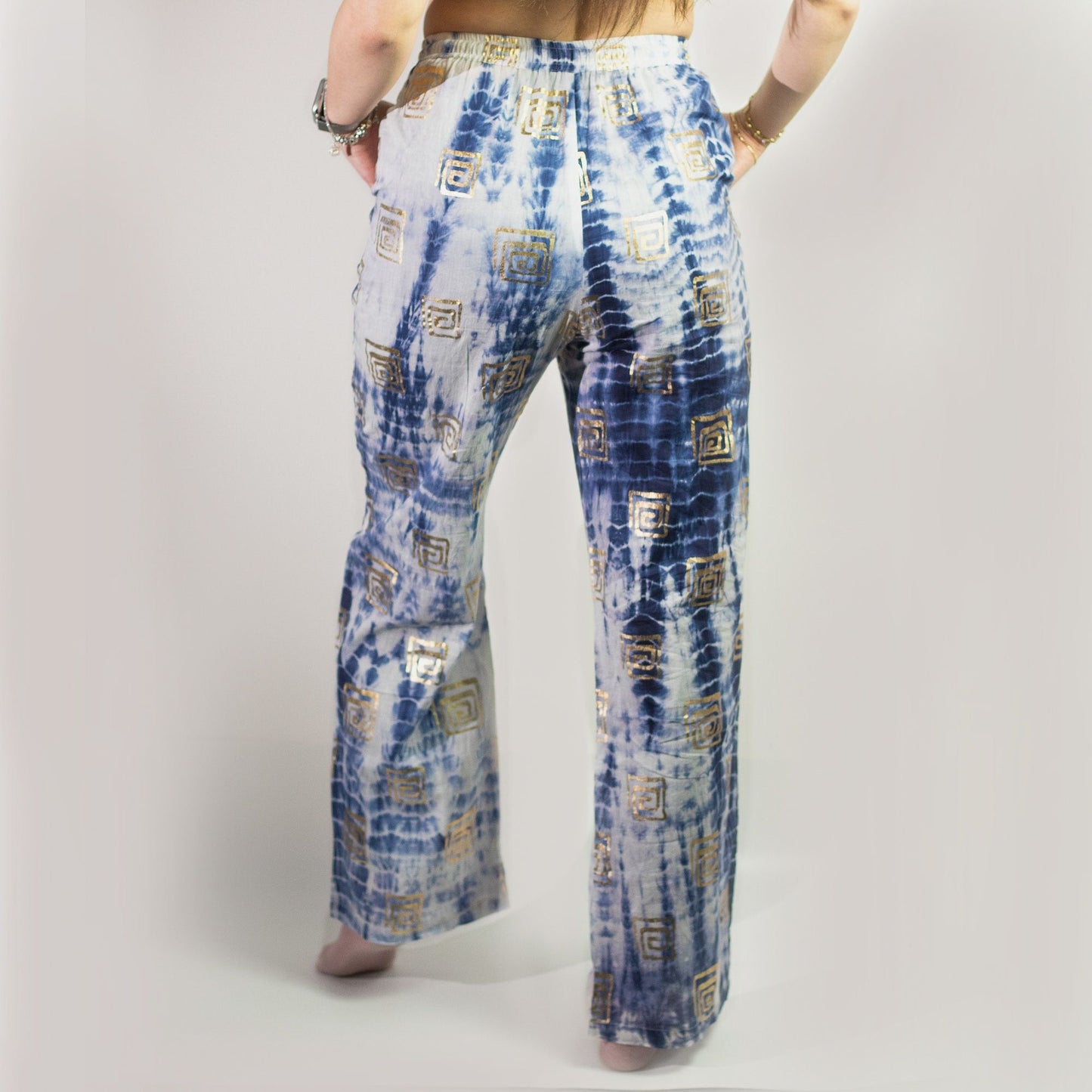 Polished Ml Nomad Sari On The Med Collection Lounge Pants Gold Blue Greek Motiff Handpainted featuring natural patterning and unique variations - Positive Faith Hope Love
