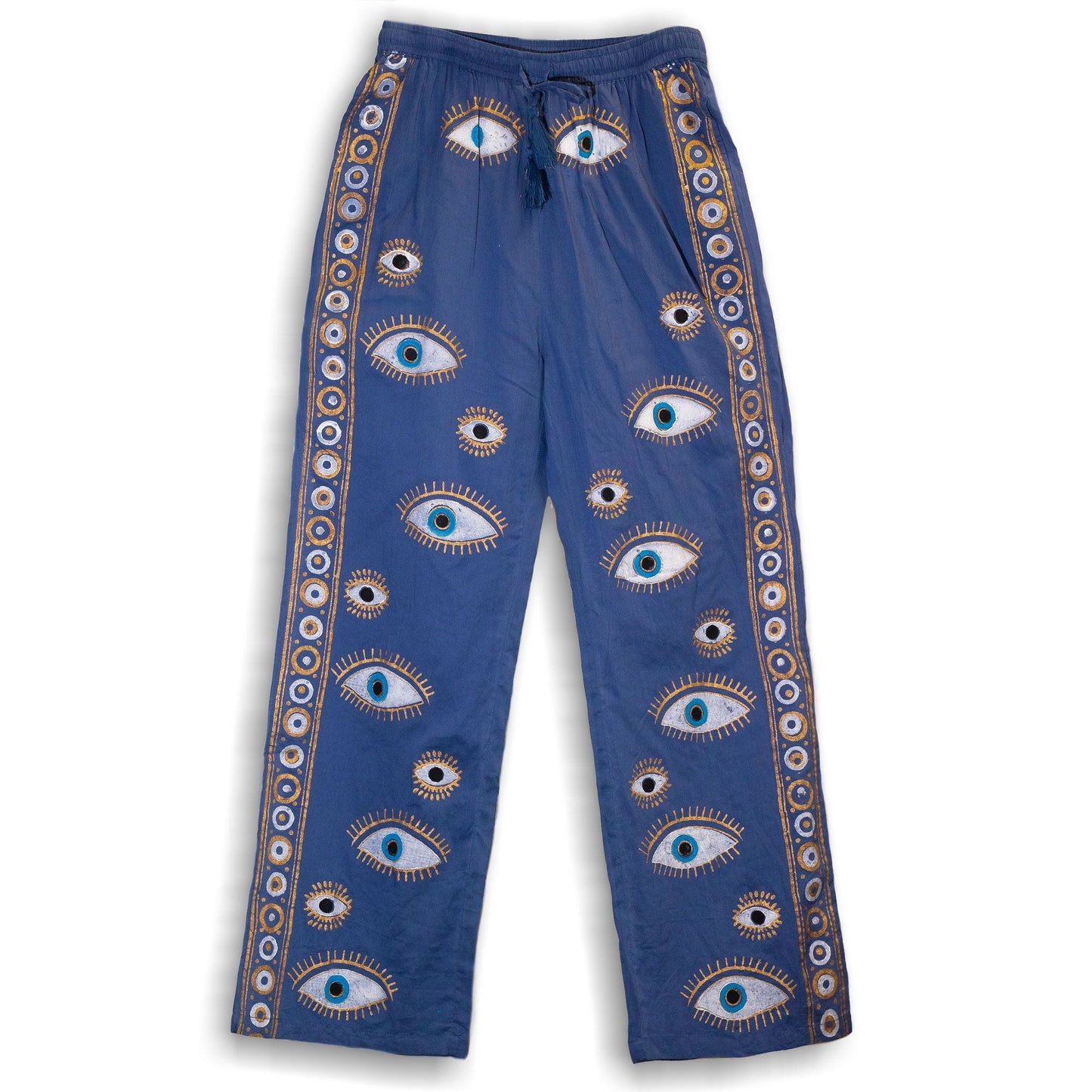 Polished Ml Nomad Sari On The Med Collection Lounge Pants Rich Blue Gold Hand Painted Evil Eye Design featuring natural patterning - Positive Faith Hope Love