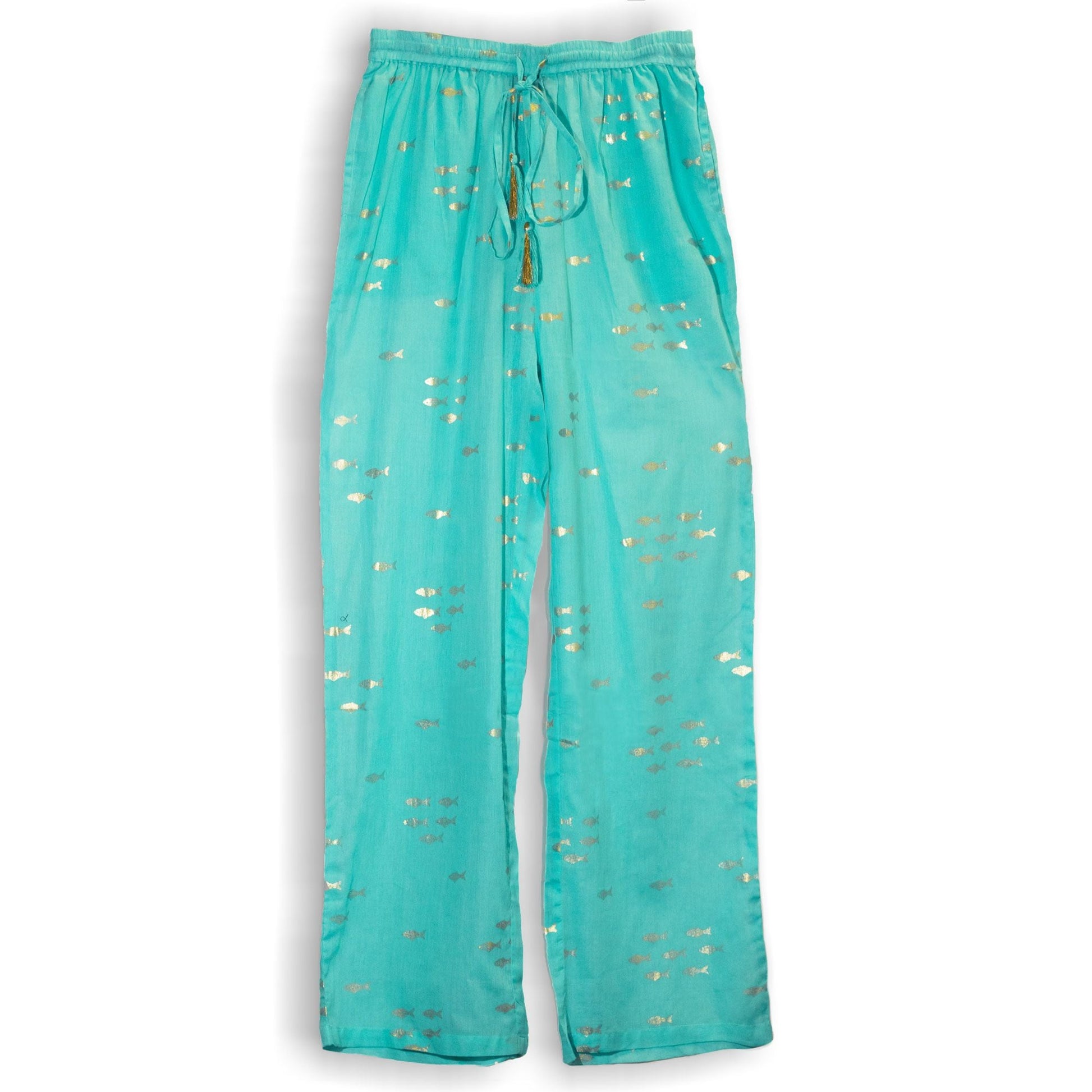 Polished Ml Nomad Sari On The Med Collection Lounge Pants Turquoise Gold Fish Design featuring natural patterning and unique variations - Positive Faith Hope Love