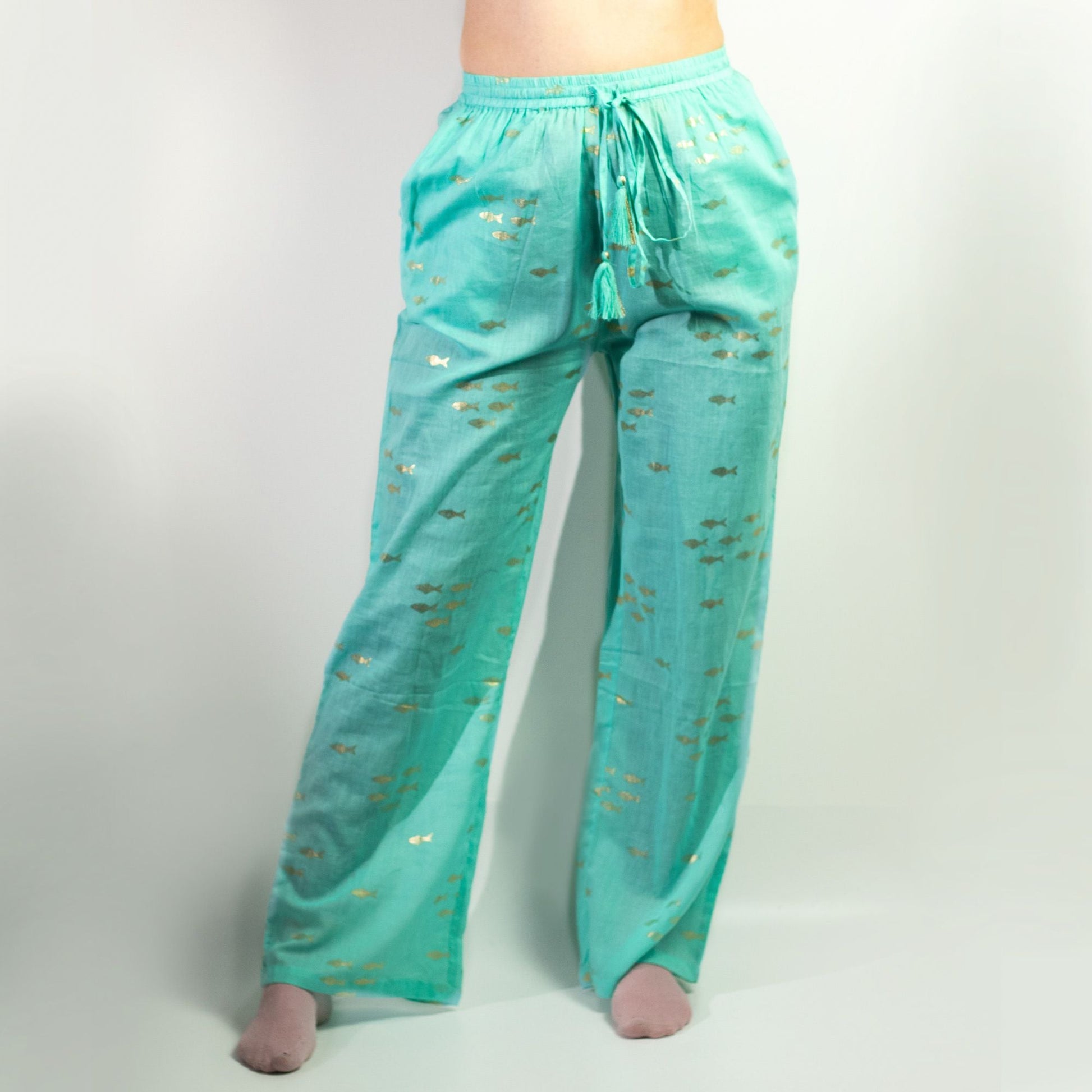 Polished (ML) Nomad Sari On the Med Collection - Lounge Pants - Turquoise & Gold Fish Design featuring natural patterning and unique variations - Positive Faith Hope Love