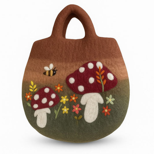Polished Mushroom Garden Felted Bag featuring natural patterning and unique variations - Positive Faith Hope Love