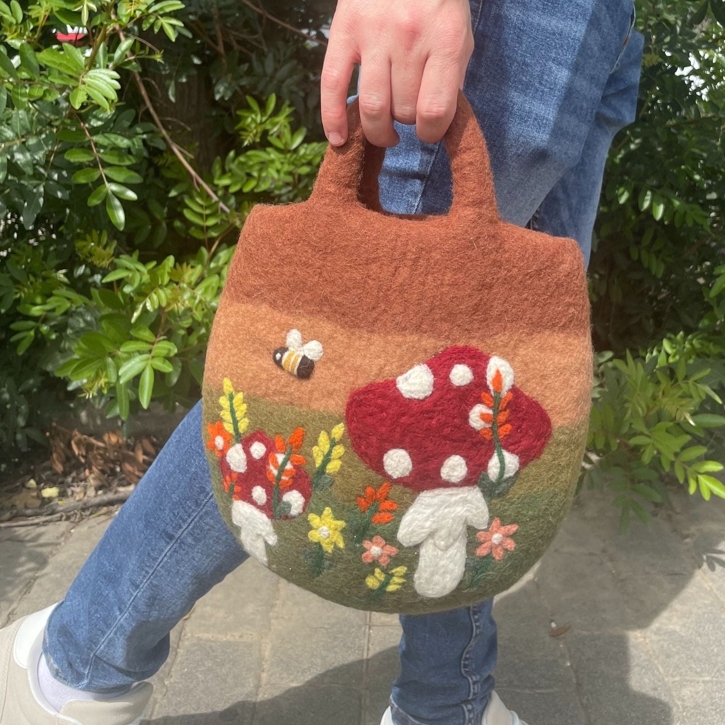 Polished Mushroom Garden Felted Bag featuring natural patterning and unique variations - Positive Faith Hope Love