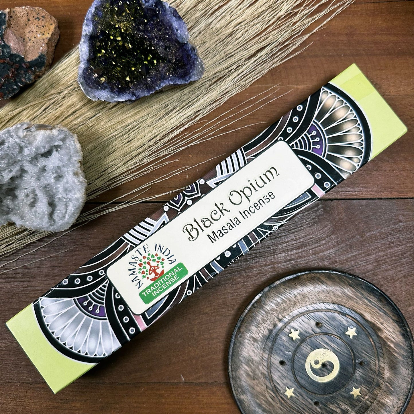 Polished Namaste Mandala Masala Incense Black Opium featuring natural patterning and unique variations - Positive Faith Hope Love