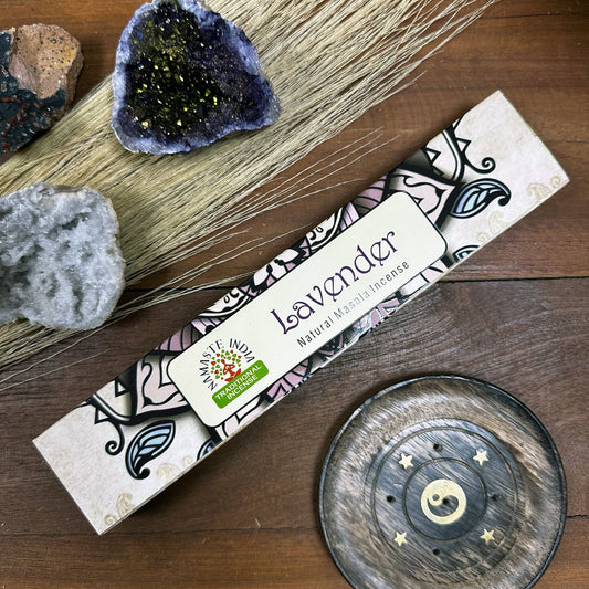 Polished Namaste Mandala Masala Incense Lavender featuring natural patterning and unique variations - Positive Faith Hope Love