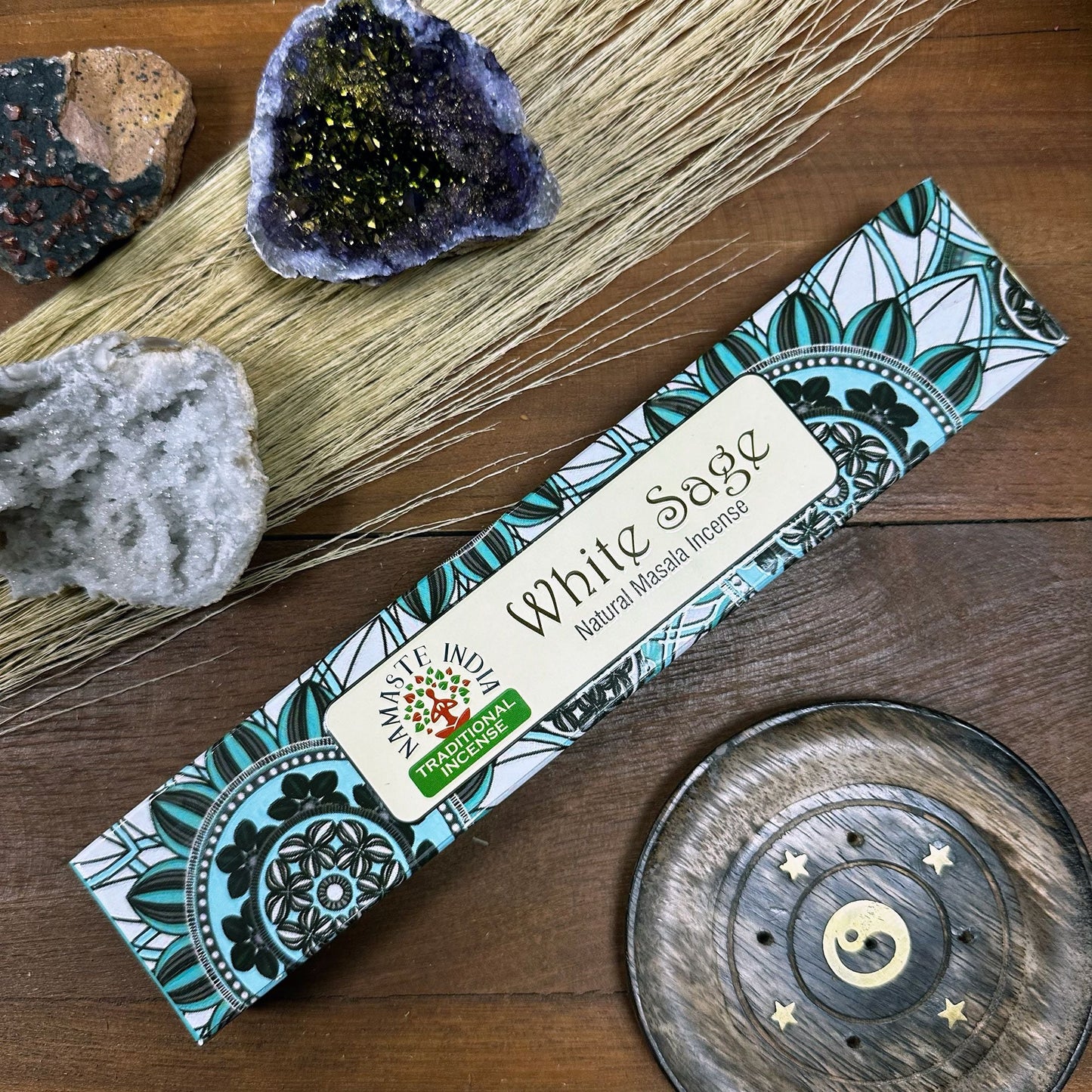 Polished Namaste Mandala Masala Incense White Sage featuring natural patterning and unique variations - Positive Faith Hope Love