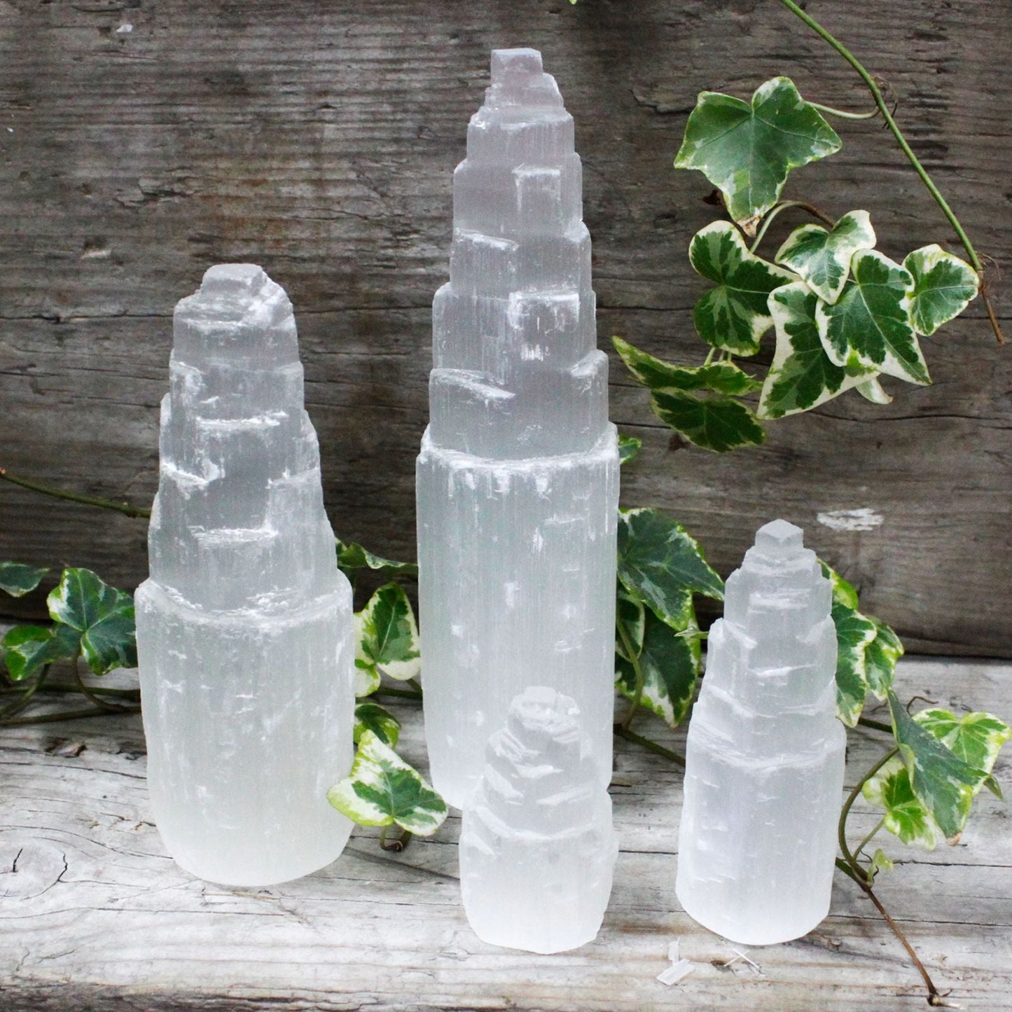 Polished Natiural Selenite Tower 15 Cm featuring satin white sheen and fibrous texture - Positive Faith Hope Love