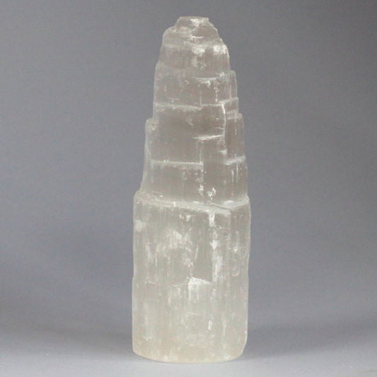 Polished Natiural Selenite Tower 15 Cm featuring satin white sheen and fibrous texture - Positive Faith Hope Love