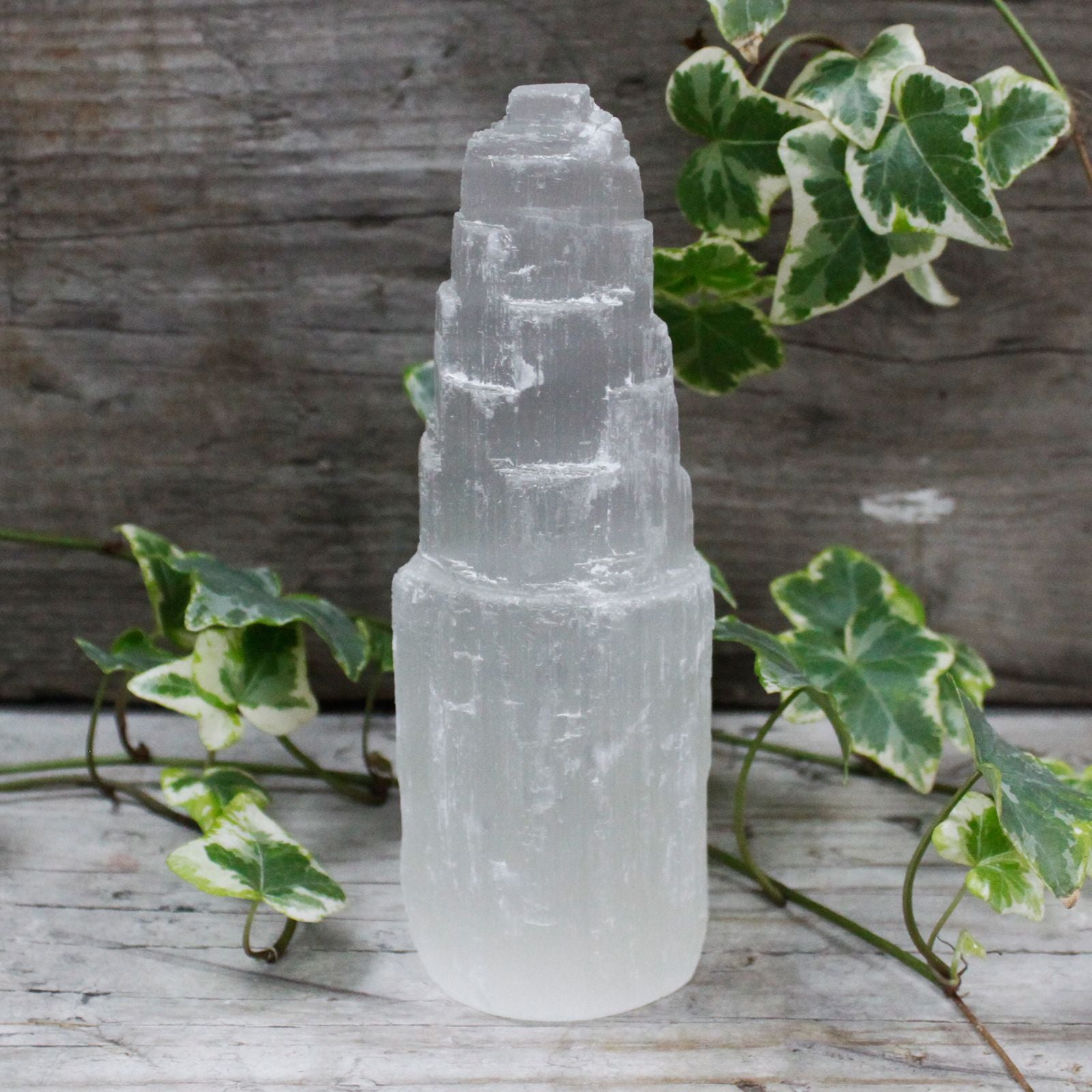 Polished Natiural Selenite Tower - 15 cm featuring satin white sheen and fibrous texture - Positive Faith Hope Love