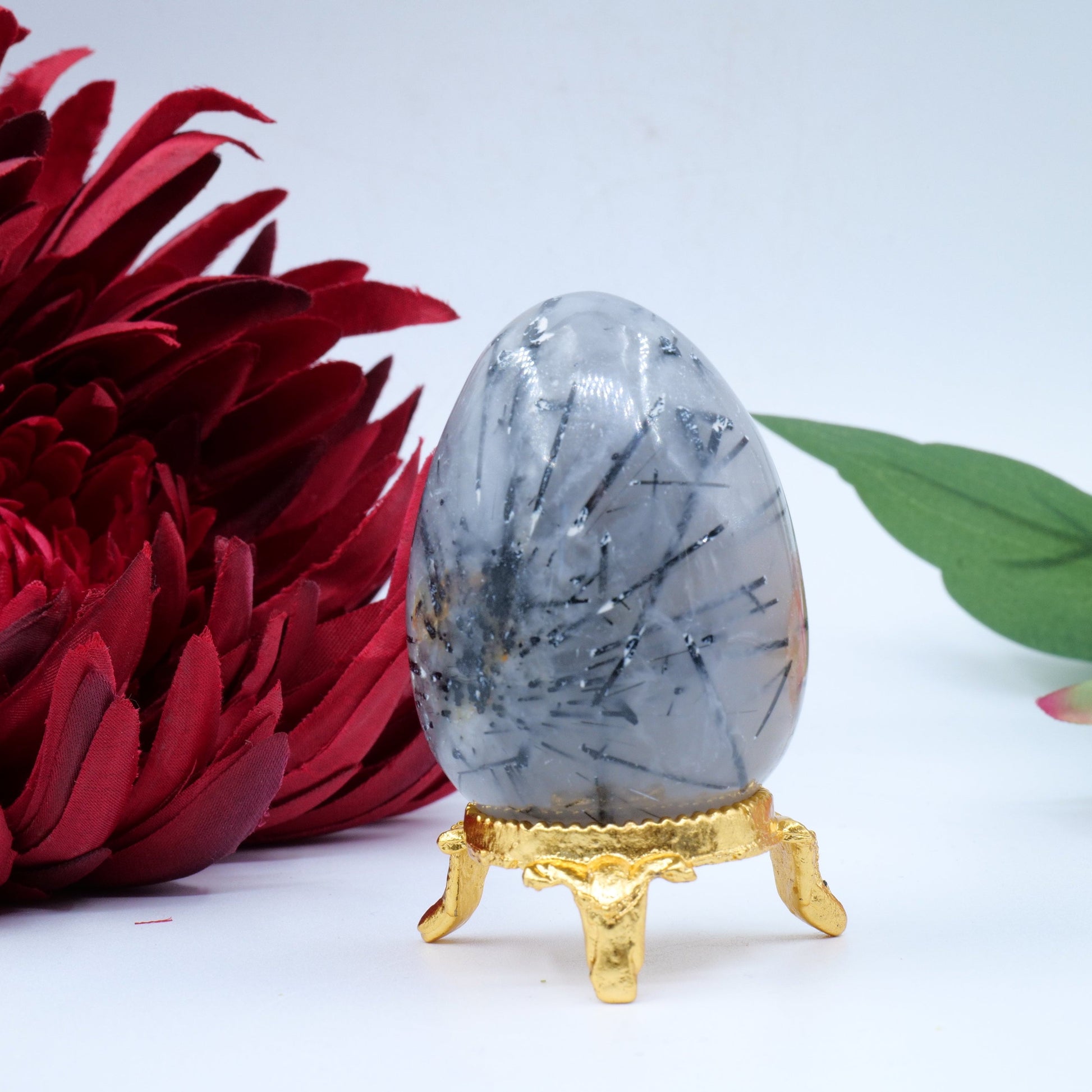 Polished Natural Black Rutile Quartz Egg 130g featuring natural patterning and unique variations - Positive Faith Hope Love