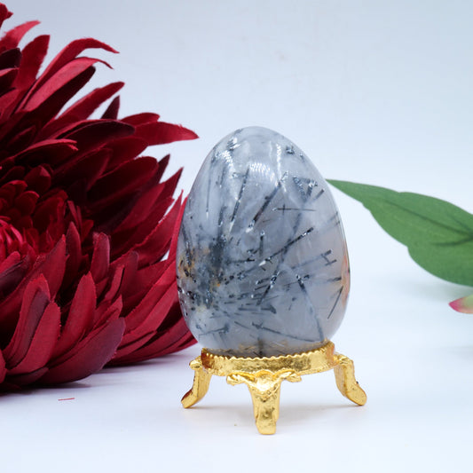 Polished Natural Black Rutile Quartz Egg 130g featuring natural patterning and unique variations - Positive Faith Hope Love