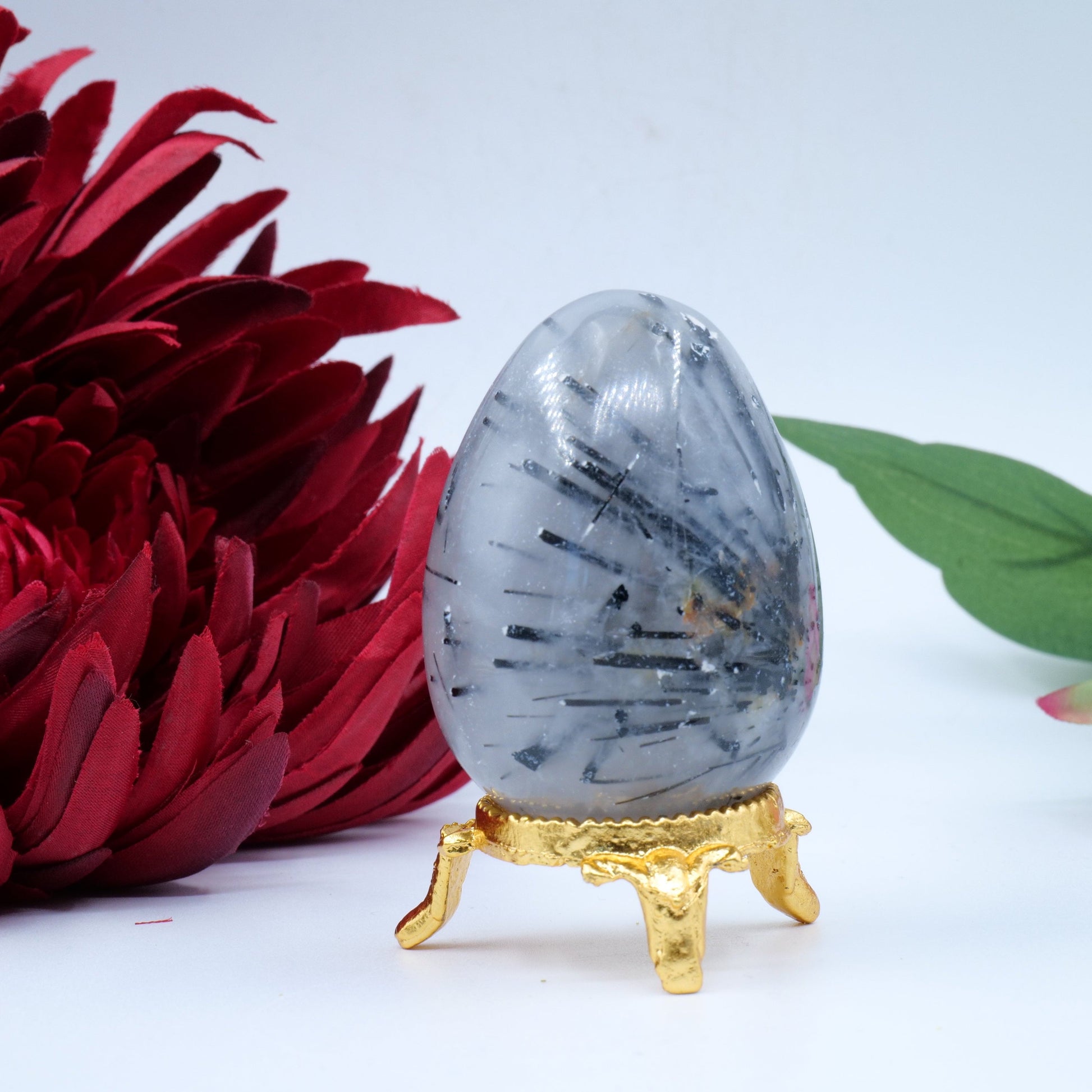 Polished Natural Black Rutile Quartz Egg 130G featuring natural patterning and unique variations - Positive Faith Hope Love