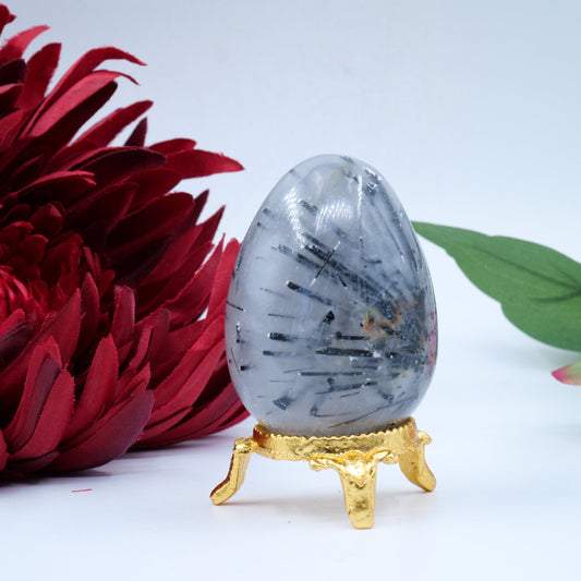Polished Natural Black Rutile Quartz Egg 130G featuring natural patterning and unique variations - Positive Faith Hope Love