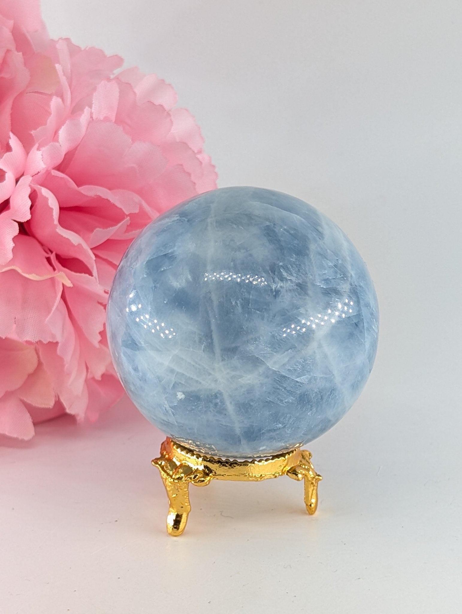 Natural Blue Calcite Sphere (348g, 63mm) from Madagascar - Positive Faith Hope Love