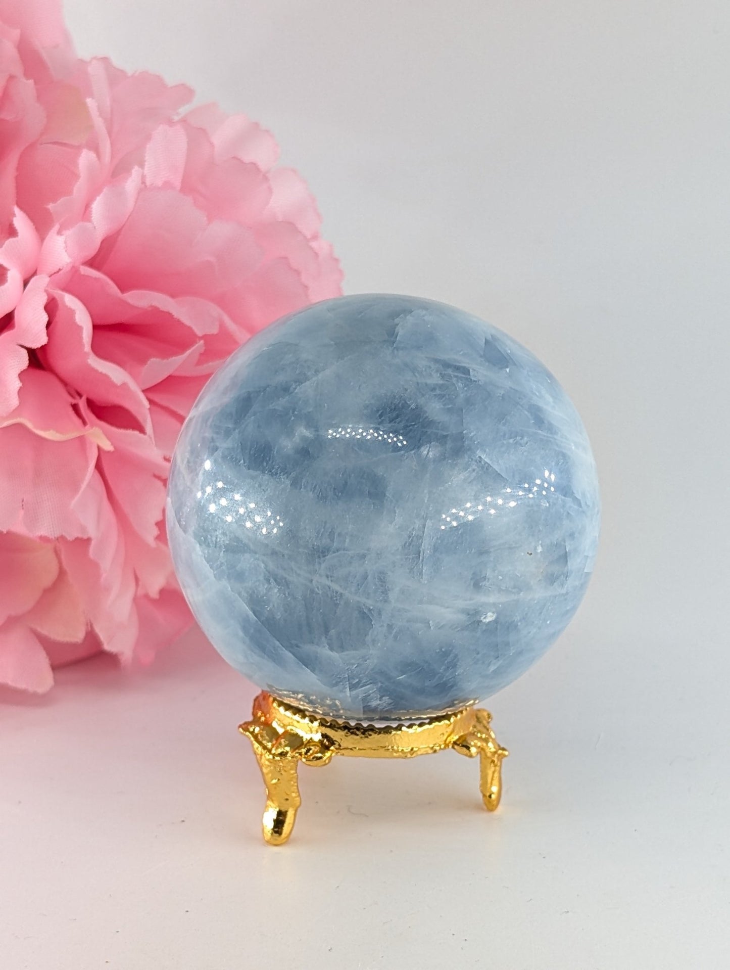 Natural Blue Calcite Sphere (348g, 63mm) from Madagascar - Positive Faith Hope Love