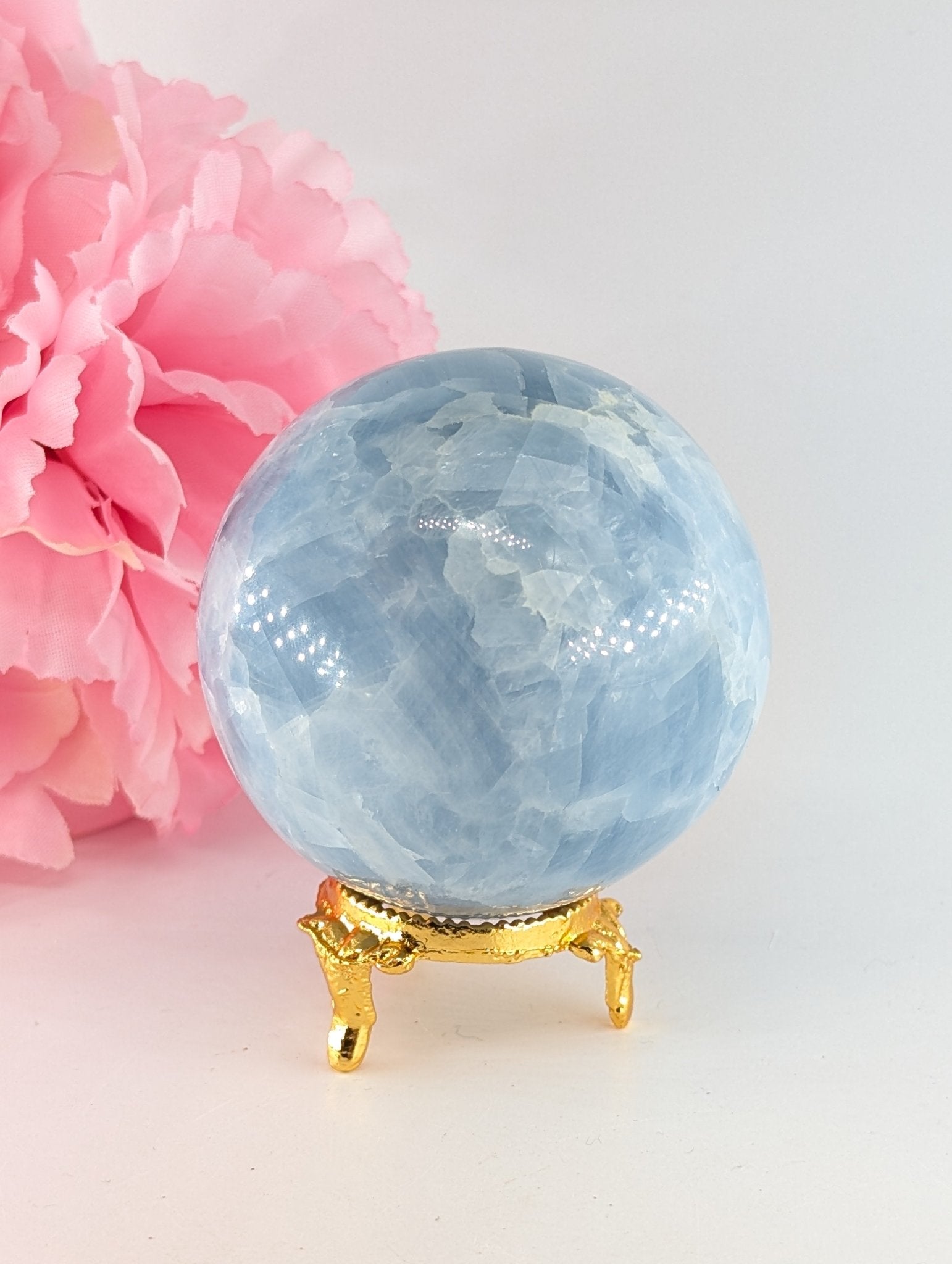 Natural Blue Calcite Sphere (382g, 65mm) from Madagascar - Positive Faith Hope Love