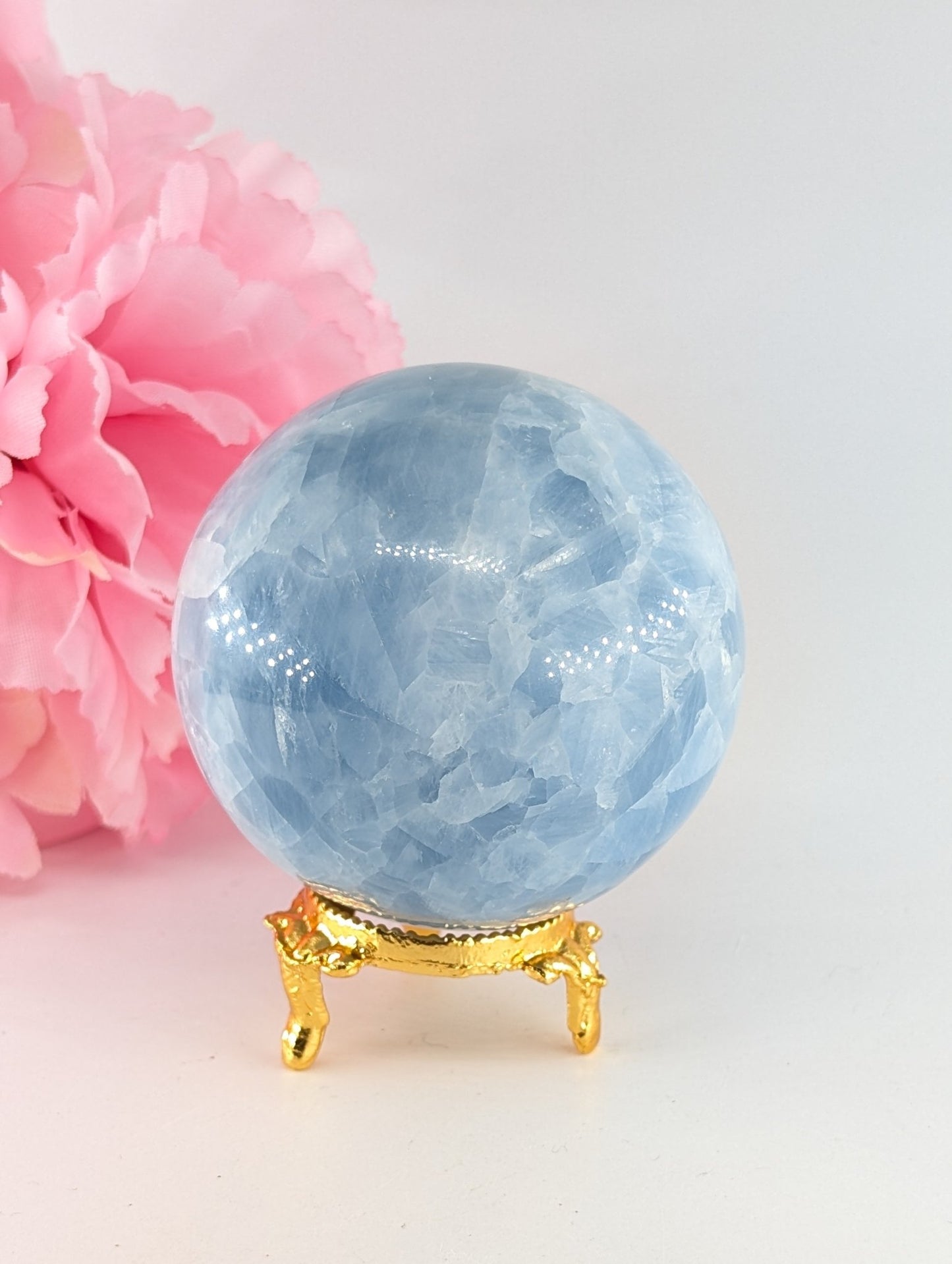 Natural Blue Calcite Sphere (382g, 65mm) from Madagascar - Positive Faith Hope Love