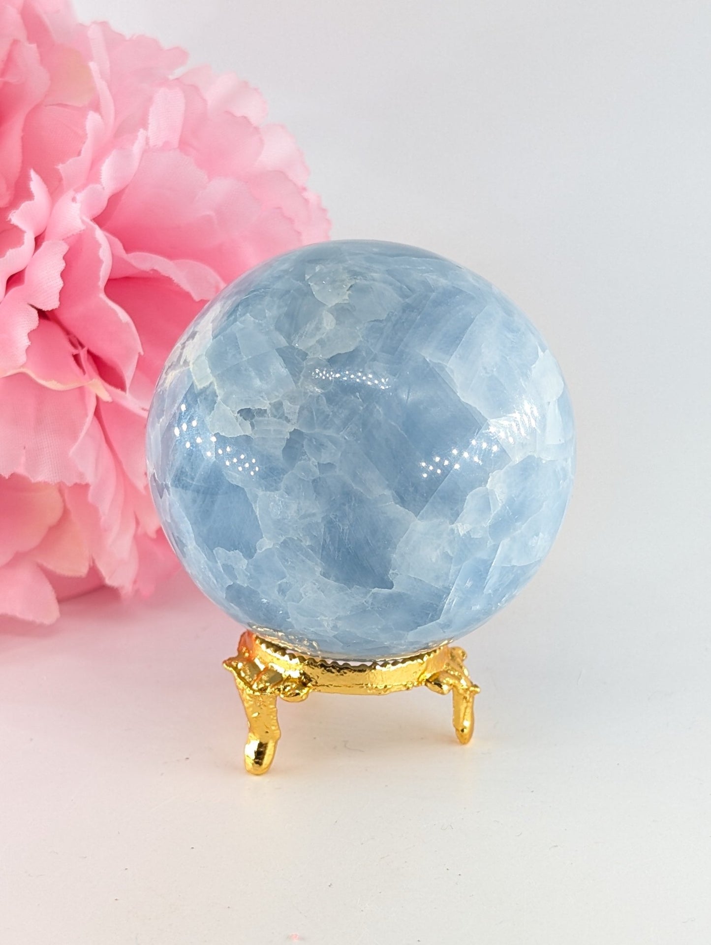 Natural Blue Calcite Sphere (382g, 65mm) from Madagascar - Positive Faith Hope Love