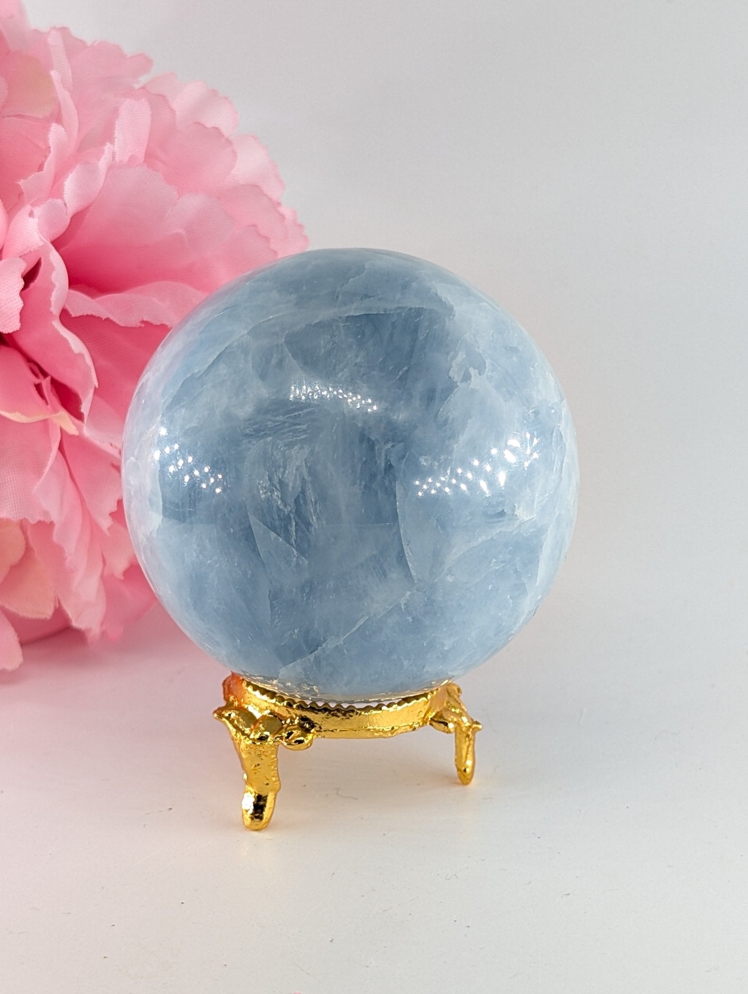 Natural Blue Calcite Sphere (397g, 66mm) from Madagascar - Positive Faith Hope Love