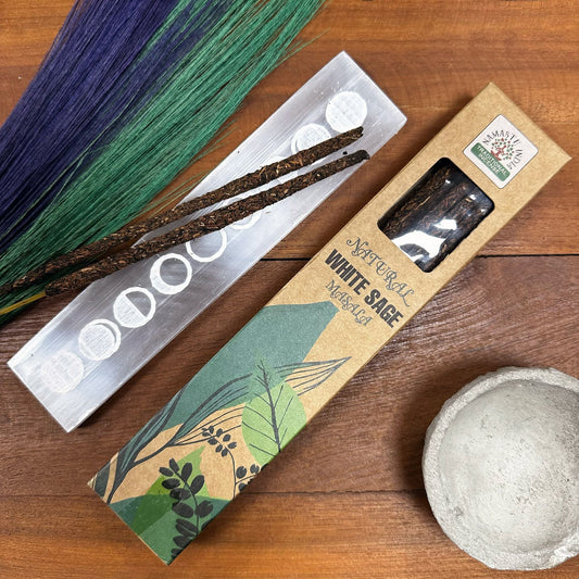 Polished Natural Botanical Masala Incense White Sage 2 featuring natural patterning and unique variations - Positive Faith Hope Love