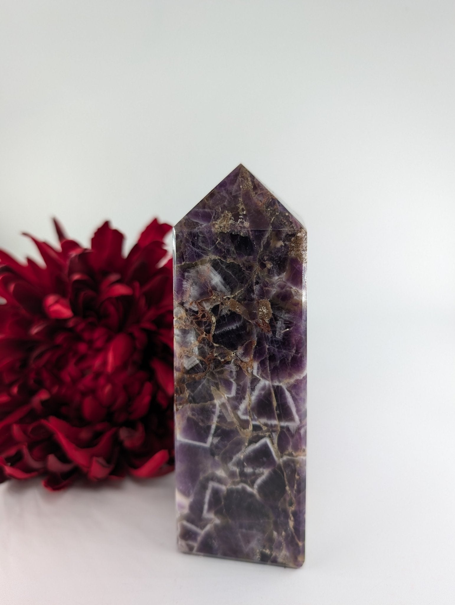 Natural Chevron Amethyst Tower 575g - Positive Faith Hope Love