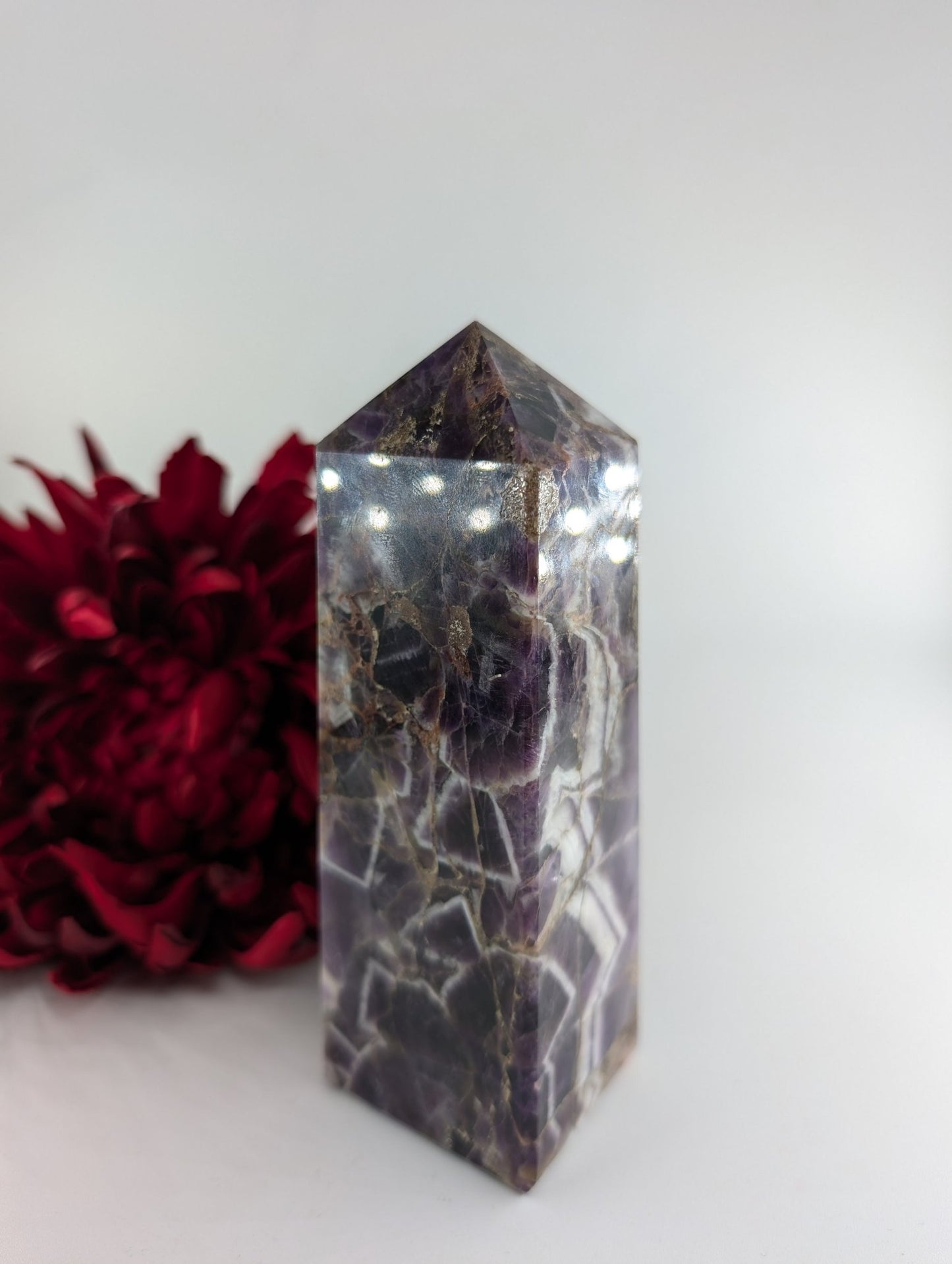 Natural Chevron Amethyst Tower 575g - Positive Faith Hope Love