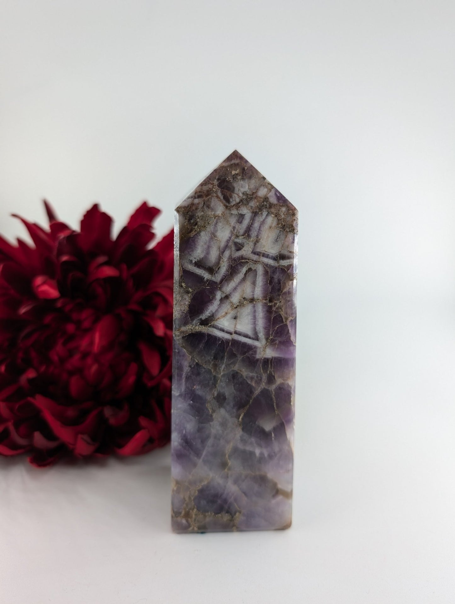 Natural Chevron Amethyst Tower 575g - Positive Faith Hope Love