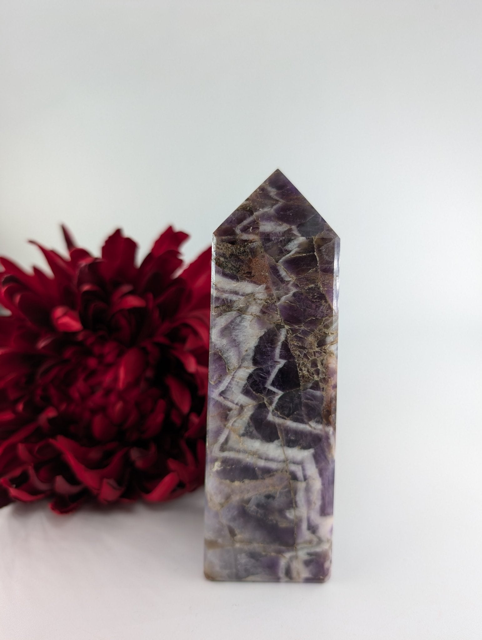 Natural Chevron Amethyst Tower 575g - Positive Faith Hope Love