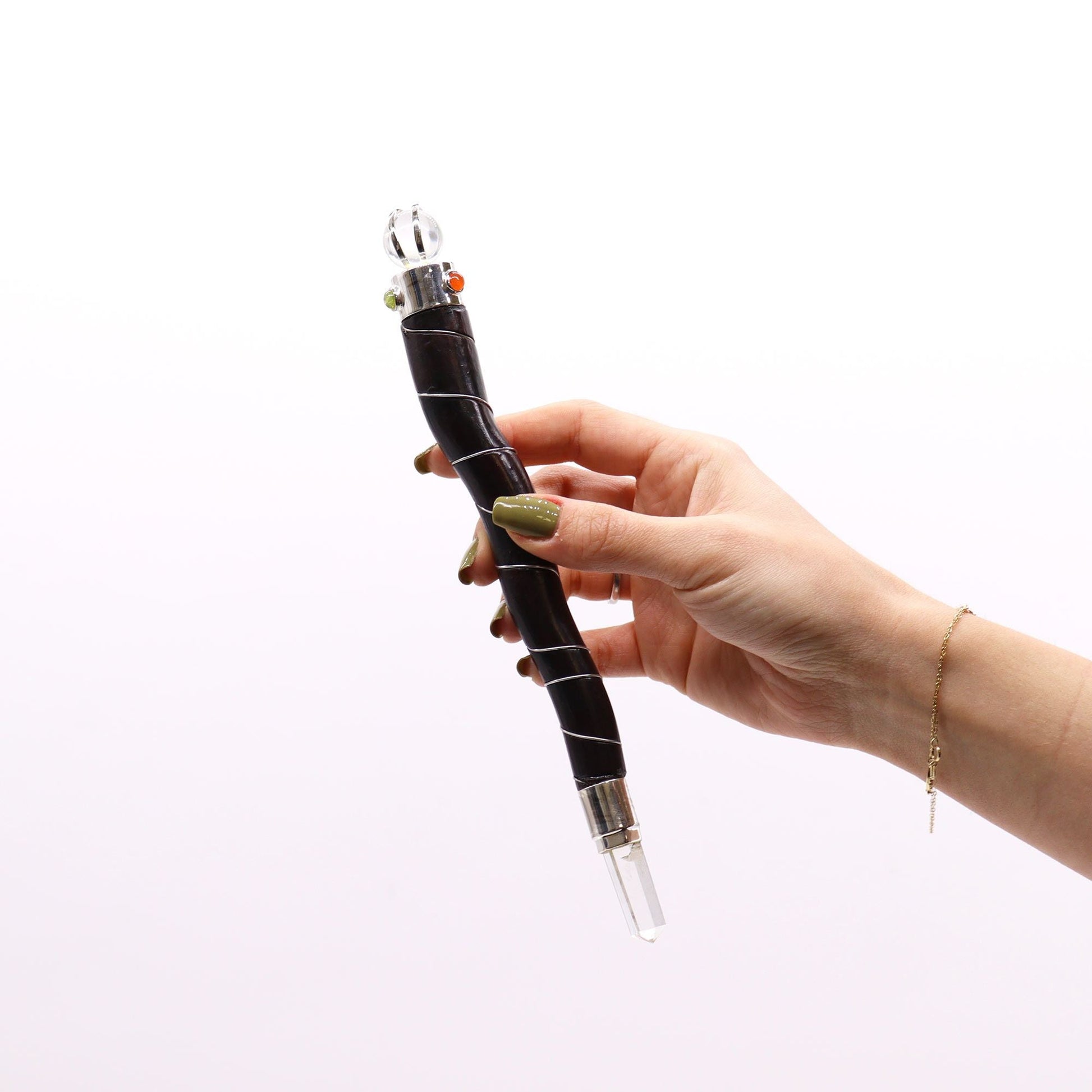 Polished Natural Curved Wood and Rock Quartz Wand featuring natural patterning and unique variations - Positive Faith Hope Love