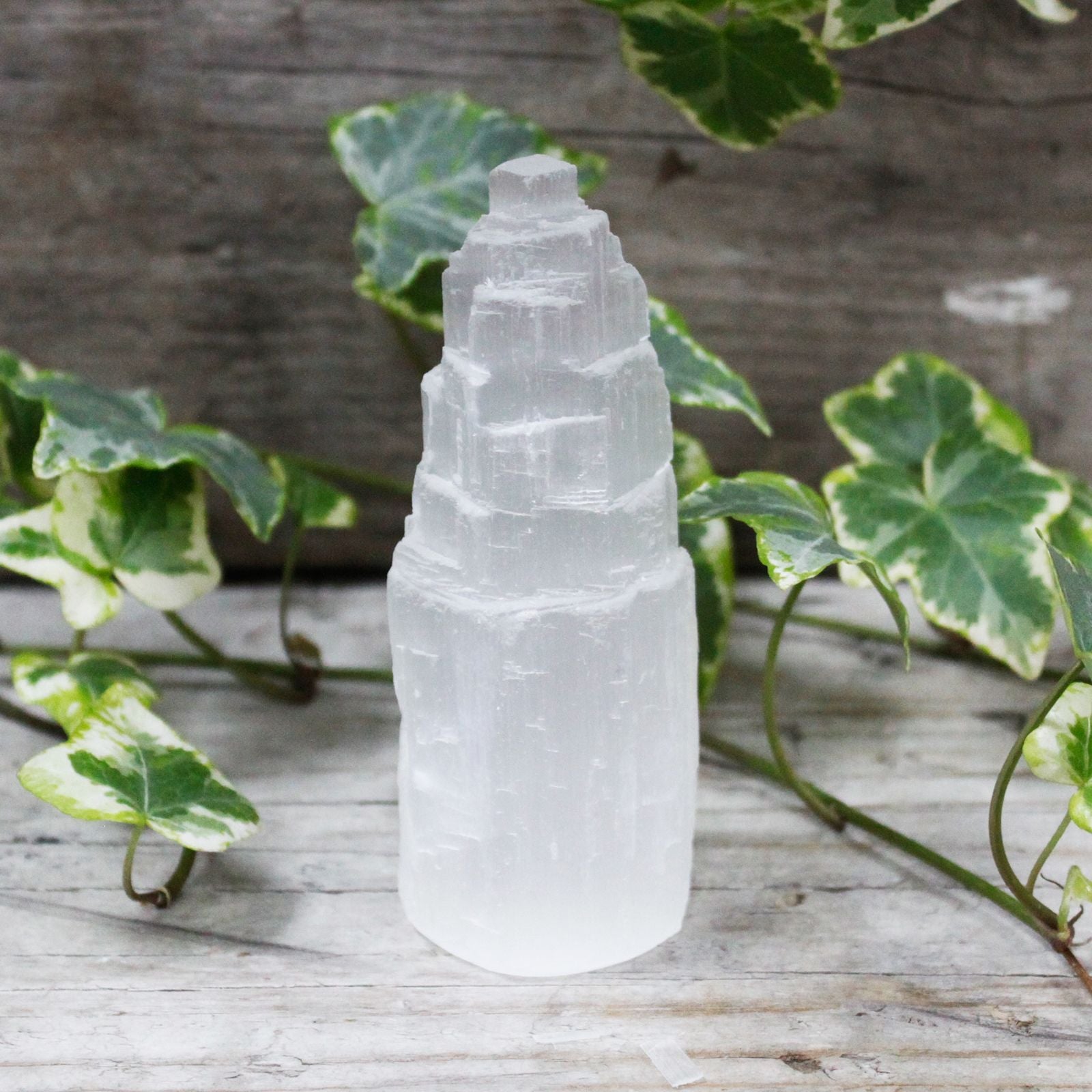 Polished Natural Selenite Tower - 10 cm featuring satin white sheen and fibrous texture - Positive Faith Hope Love