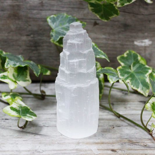 Polished Natural Selenite Tower - 10 cm featuring satin white sheen and fibrous texture - Positive Faith Hope Love