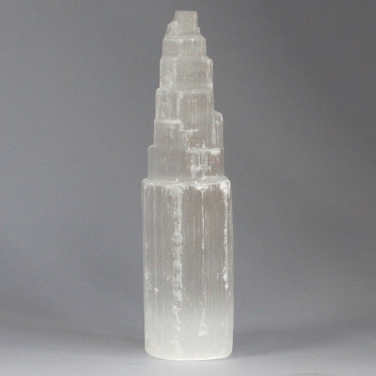 Polished Natural Selenite Tower 20 Cm featuring satin white sheen and fibrous texture - Positive Faith Hope Love