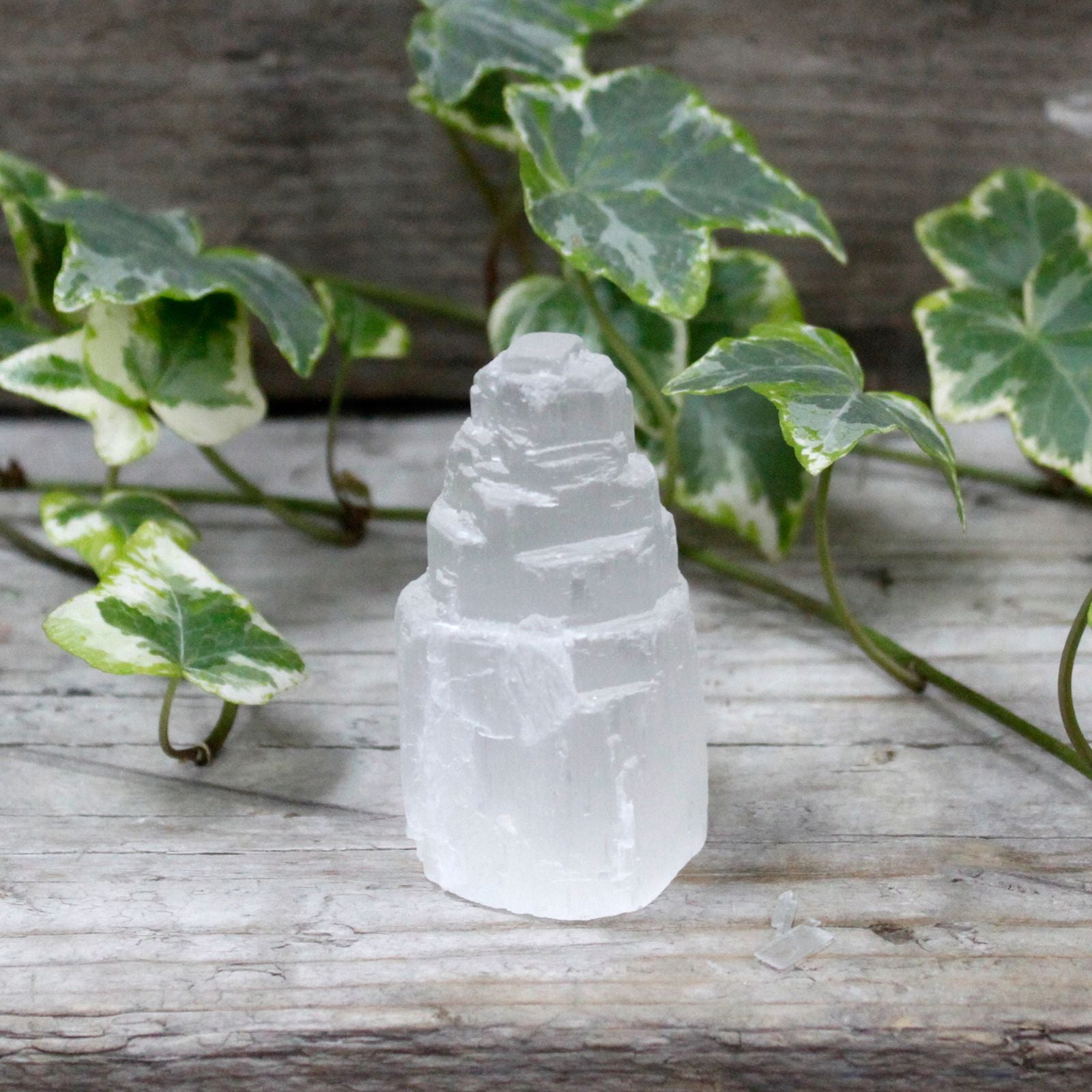 Polished Natural Selenite Tower - 5 cm featuring satin white sheen and fibrous texture - Positive Faith Hope Love