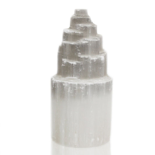 Polished Natural Selenite Tower Lamp - 20 cm featuring satin white sheen and fibrous texture - Positive Faith Hope Love
