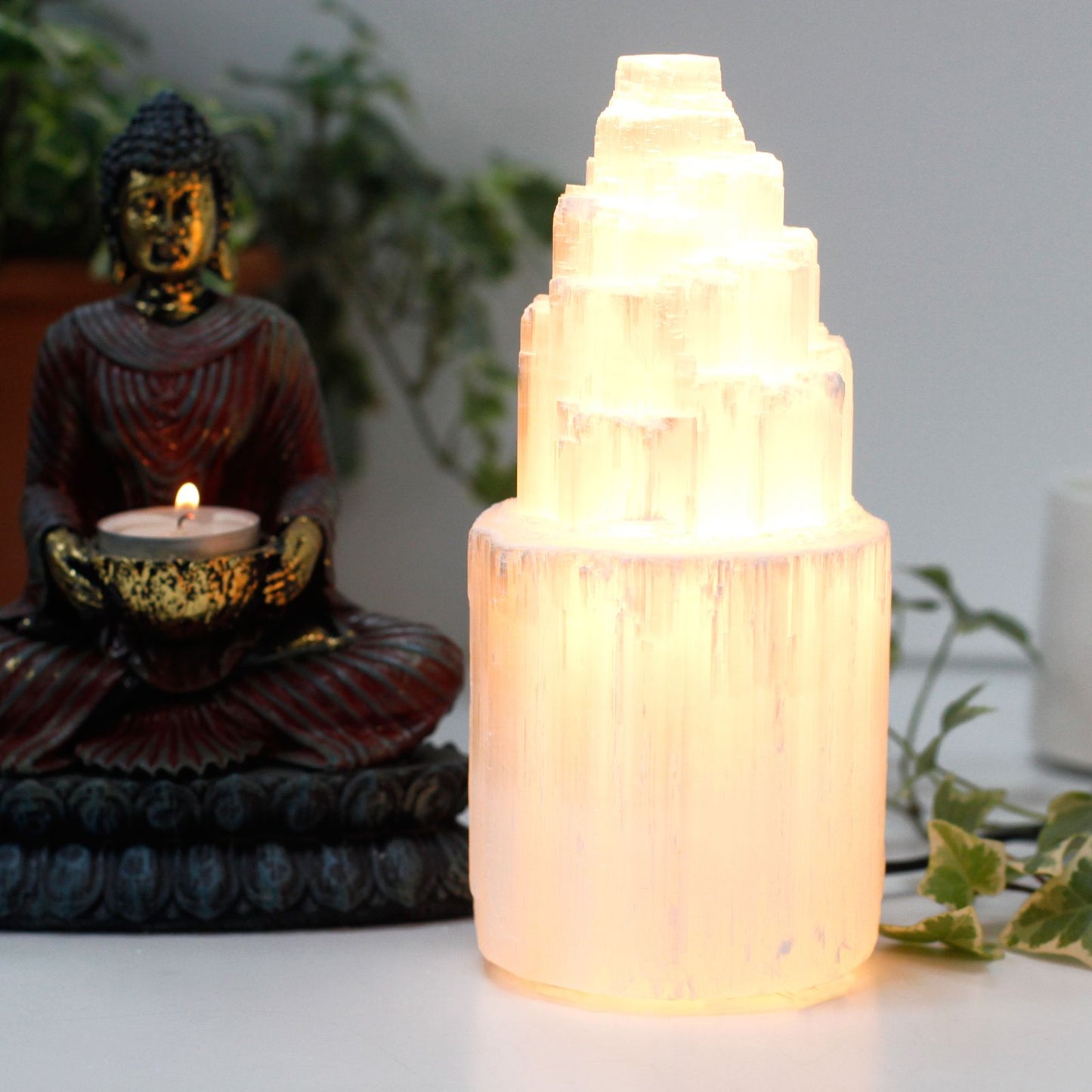 Polished Natural Selenite Tower Lamp 20 Cm featuring satin white sheen and fibrous texture - Positive Faith Hope Love