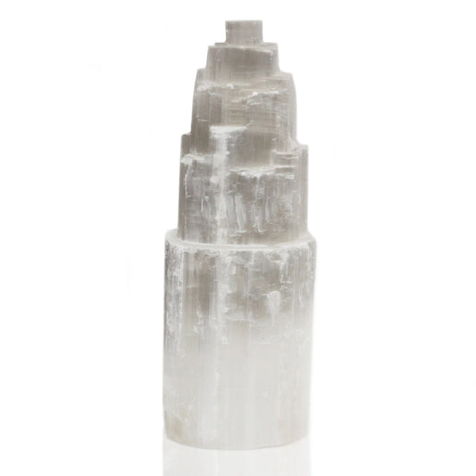 Polished Natural Selenite Tower Lamp - 25 cm featuring satin white sheen and fibrous texture - Positive Faith Hope Love