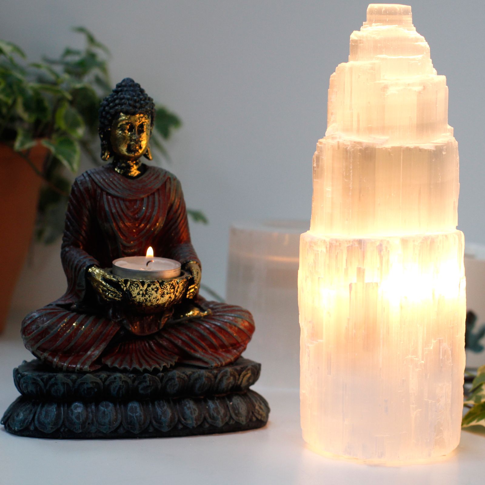 Polished Natural Selenite Tower Lamp 25 Cm featuring satin white sheen and fibrous texture - Positive Faith Hope Love