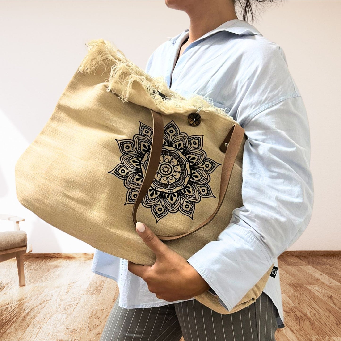 Polished Natural Tote Bag Leather Handle Flower Of Life featuring natural patterning and unique variations - Positive Faith Hope Love