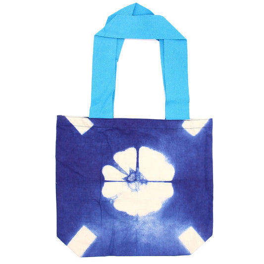 Polished Natural Tye-Dye Cotton Bag (8oz) - 38x42x12cm - Blue Flower - Blue Handle featuring natural patterning and unique variations - Positive Faith Hope Love