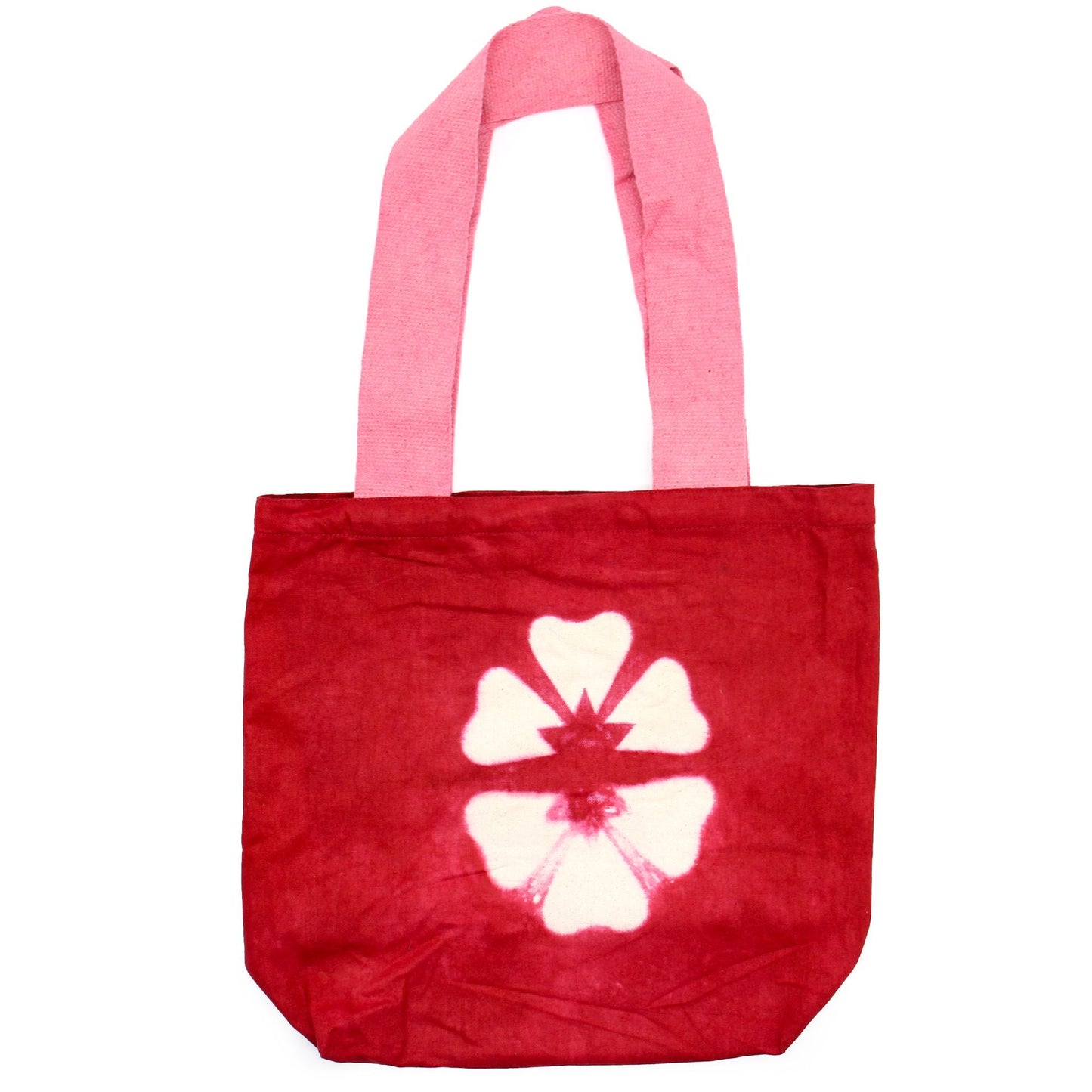 Polished Natural Tye-Dye Cotton Bag (8oz) - 38x42x12cm - Maroon Flower - Pink Handle featuring natural patterning and unique variations - Positive Faith Hope Love