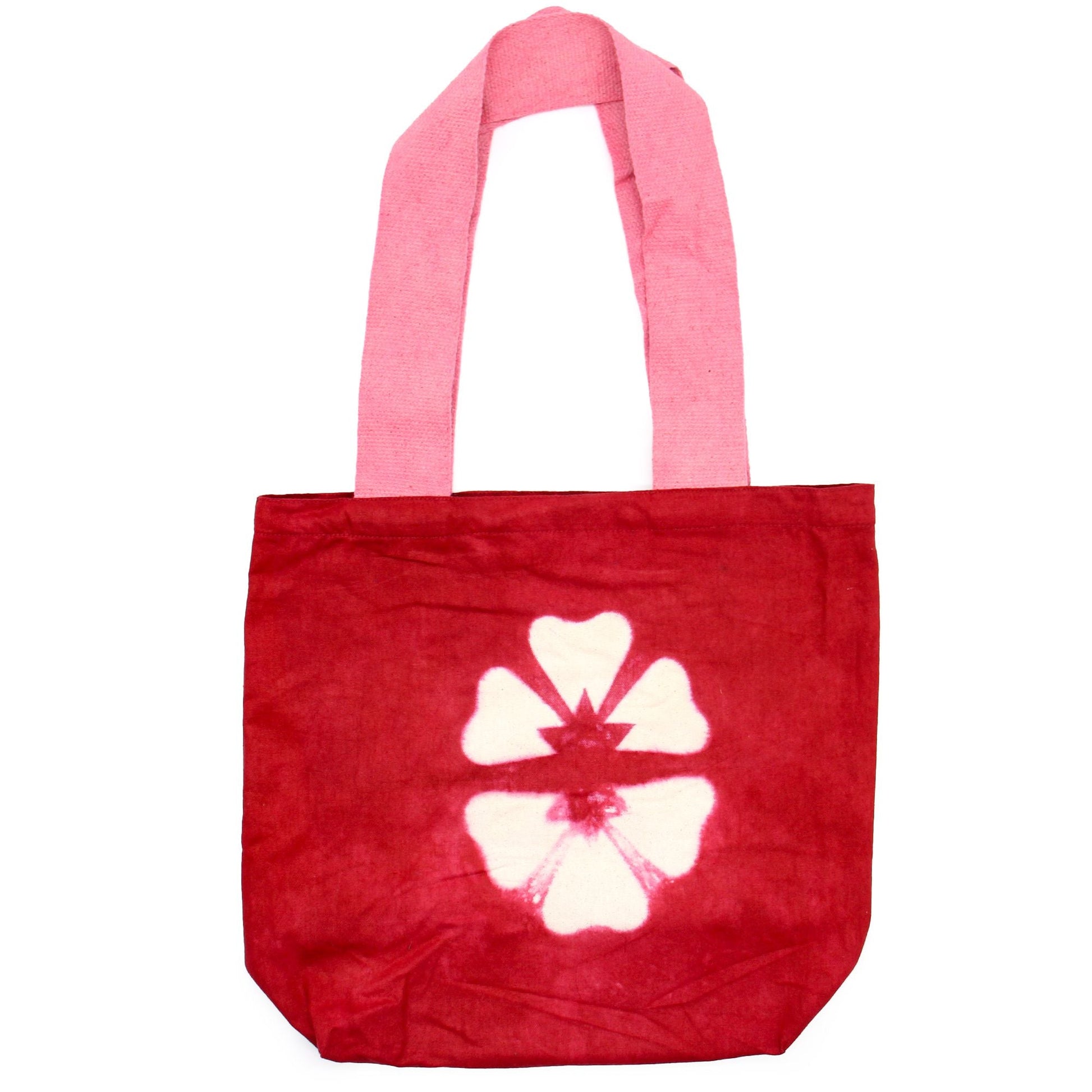 Polished Natural Tye-Dye Cotton Bag (8oz) - 38x42x12cm - Maroon Flower - Pink Handle featuring natural patterning and unique variations - Positive Faith Hope Love