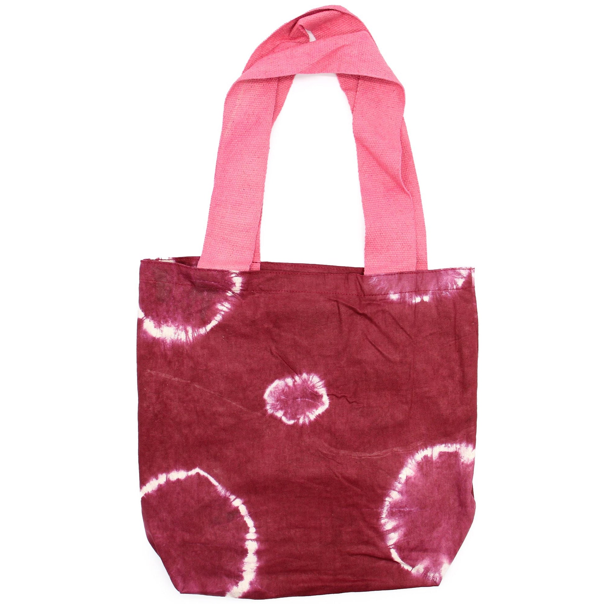 Polished Natural Tye-Dye Cotton Bag (8oz) - 38x42x12cm - Maroon Rings - Pink Handle featuring natural patterning and unique variations - Positive Faith Hope Love