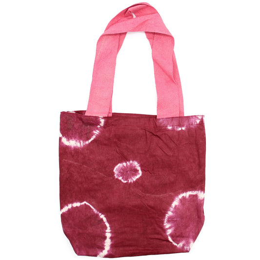 Polished Natural Tye-Dye Cotton Bag (8oz) - 38x42x12cm - Maroon Rings - Pink Handle featuring natural patterning and unique variations - Positive Faith Hope Love